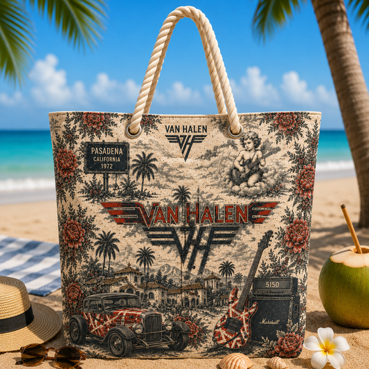 Van Halen Band Beach Tote Bag – Retro Tropical Canvas Shoulder Bag With Rope Handle