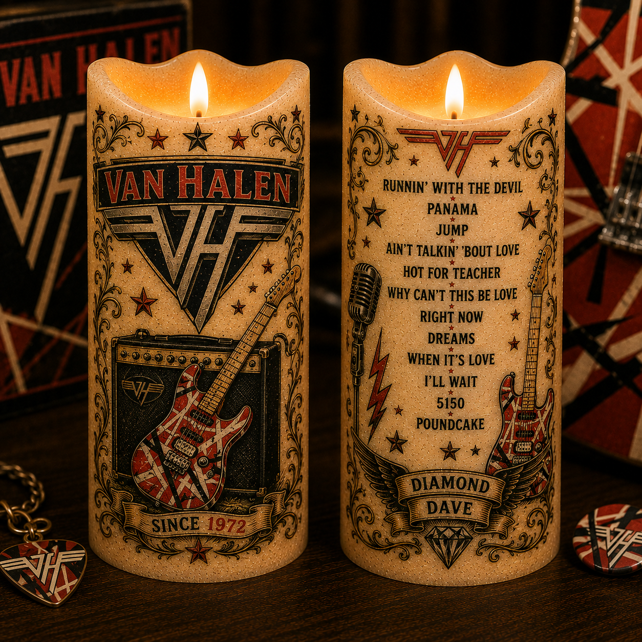 Van Halen Flameless LED Candle, Classic Rock Fan Gift, Eddie Van Halen Inspired LED Candle, Guitar Music Decor, Battery Operated Candle