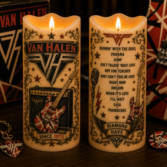 Van Halen Flameless LED Candle, Classic Rock Fan Gift, Eddie Van Halen Inspired LED Candle, Guitar Music Decor, Battery Operated Candle