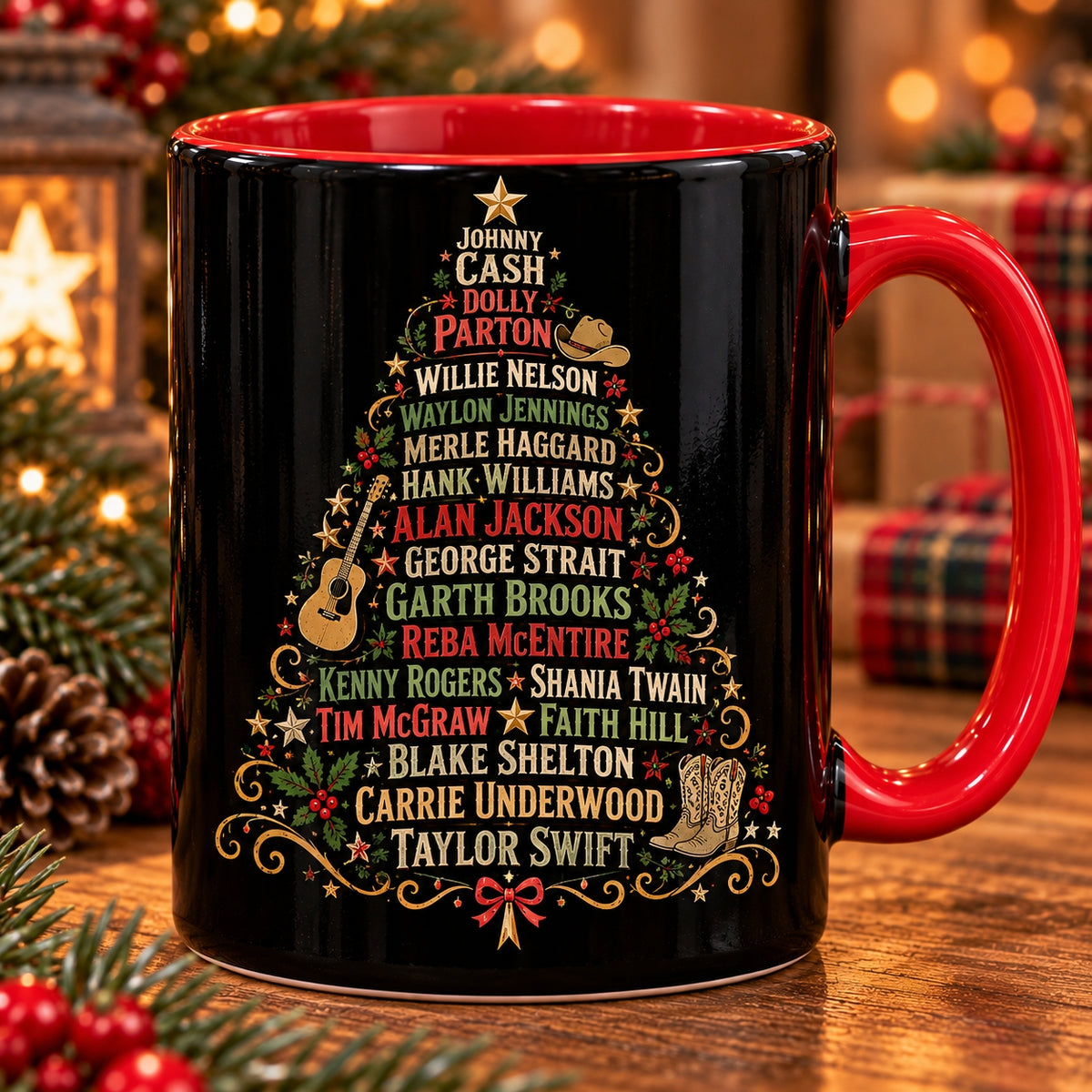 Country Music Legends Christmas Tree Coffee Mug – Retro Country Stars Red Handle Accent Holiday Coffee Cup