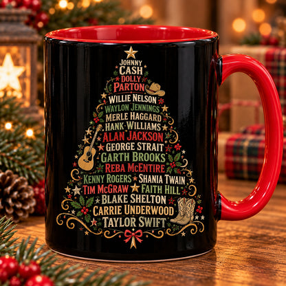 Country Music Legends Christmas Tree Coffee Mug – Retro Country Stars Red Handle Accent Holiday Coffee Cup