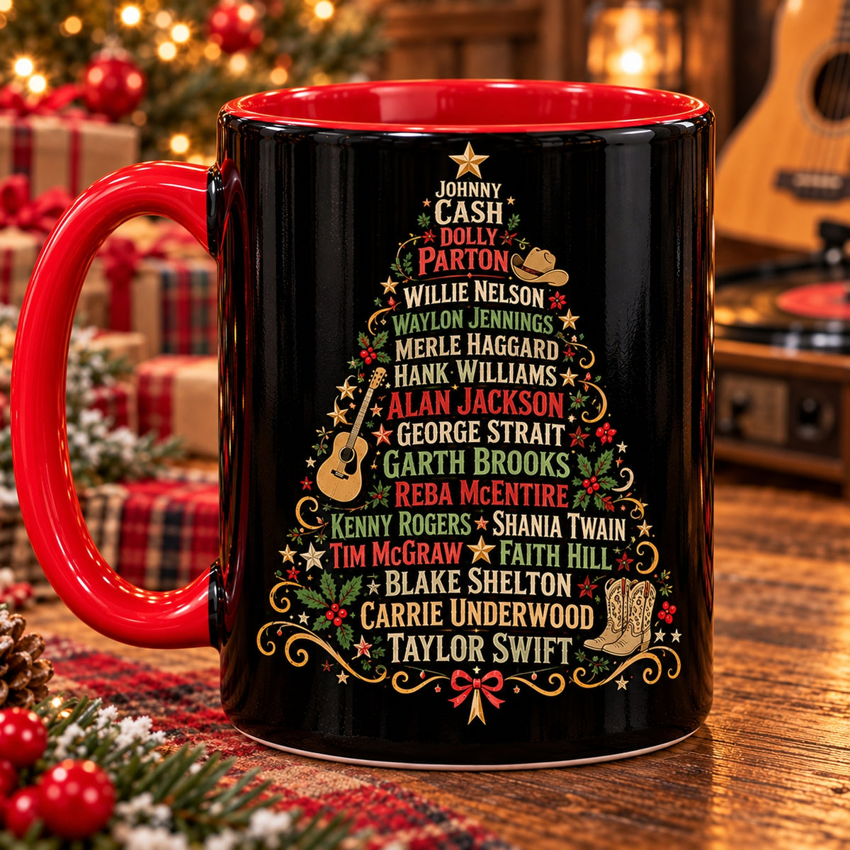 Country Music Legends Christmas Tree Coffee Mug – Retro Country Stars Red Handle Accent Holiday Coffee Cup