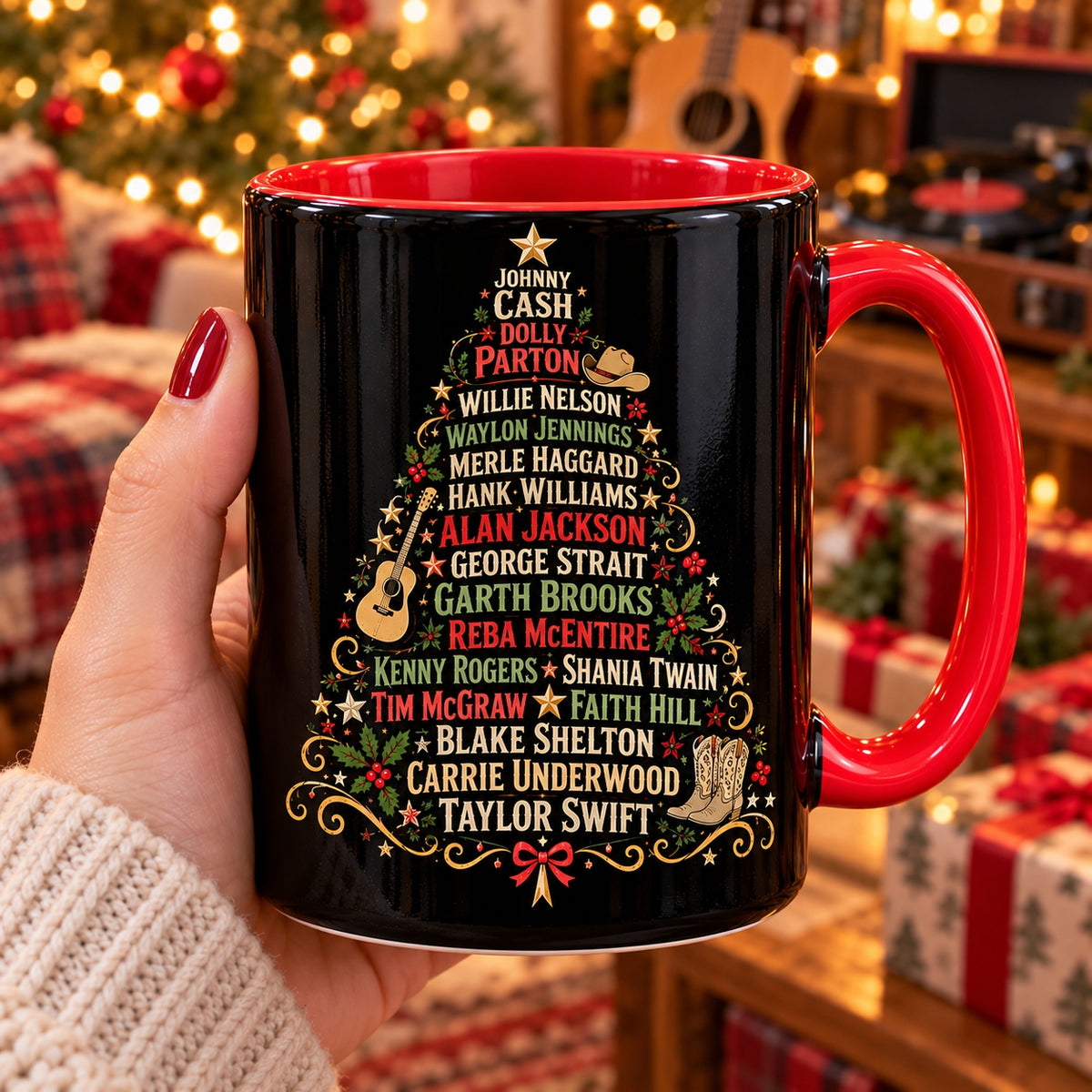 Country Music Legends Christmas Tree Coffee Mug – Retro Country Stars Red Handle Accent Holiday Coffee Cup
