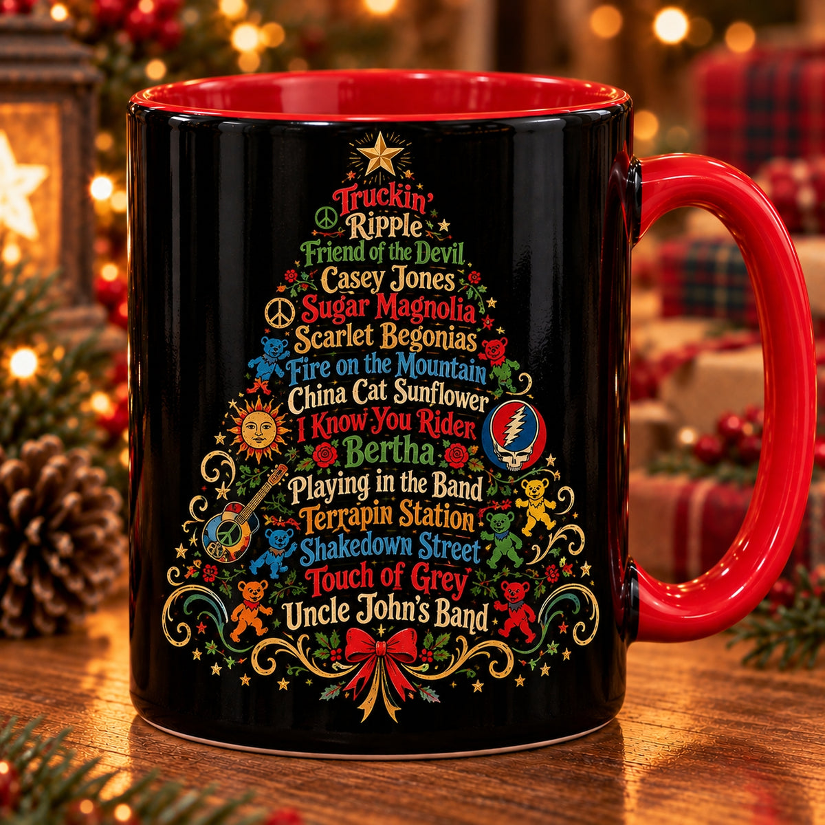 Grateful Dead Songs Christmas Tree Coffee Mug – Classic Song Titles & Dancing Bears Deadhead Fan Rock Gift