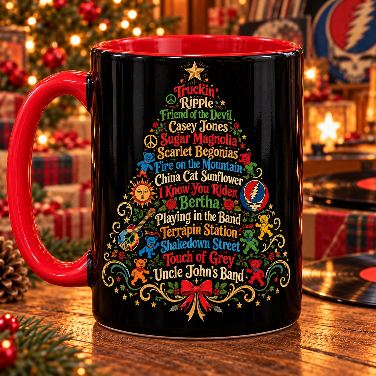 Grateful Dead Songs Christmas Tree Coffee Mug – Classic Song Titles & Dancing Bears Deadhead Fan Rock Gift
