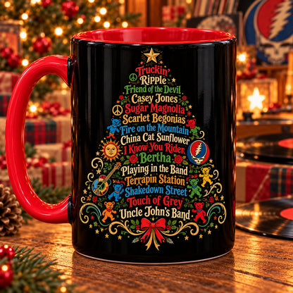 Grateful Dead Songs Christmas Tree Coffee Mug – Classic Song Titles & Dancing Bears Deadhead Fan Rock Gift