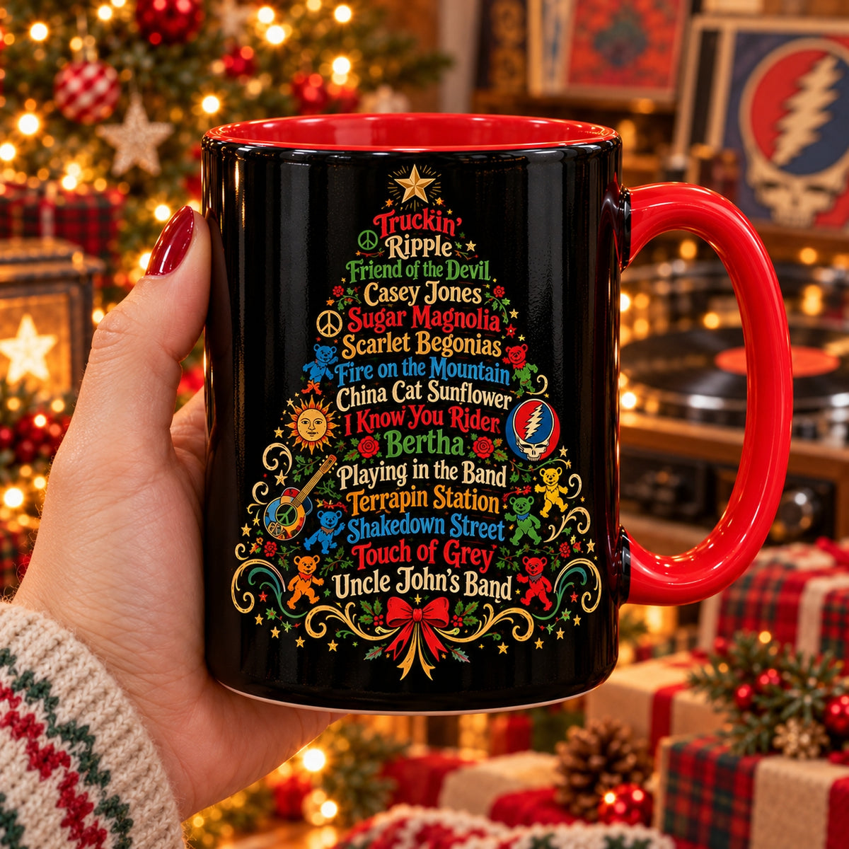 Grateful Dead Songs Christmas Tree Coffee Mug – Classic Song Titles & Dancing Bears Deadhead Fan Rock Gift