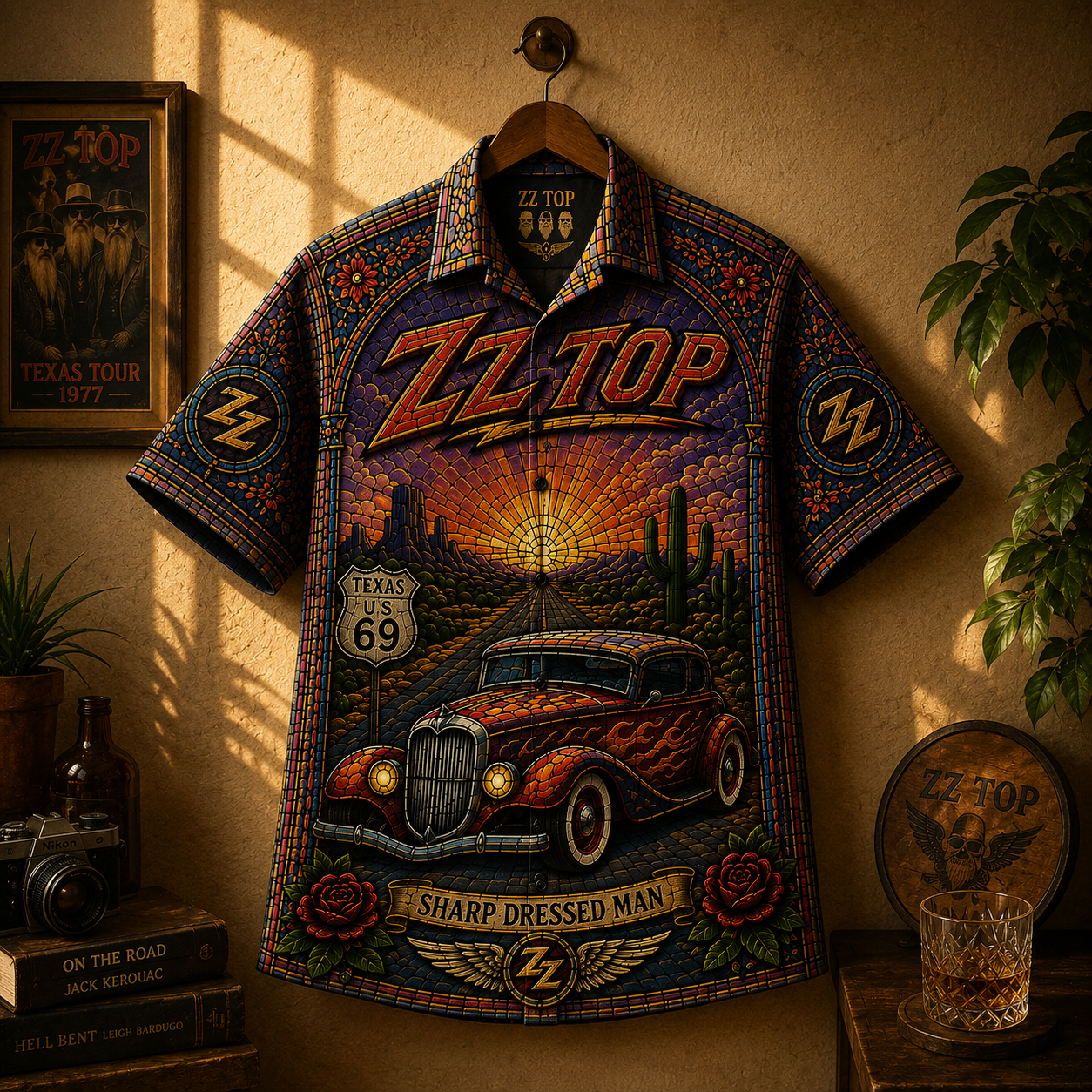 ZZ Top Stained Glass Hawaiian Shirt - Unisex Front Back Sharp Dressed Man Button Up