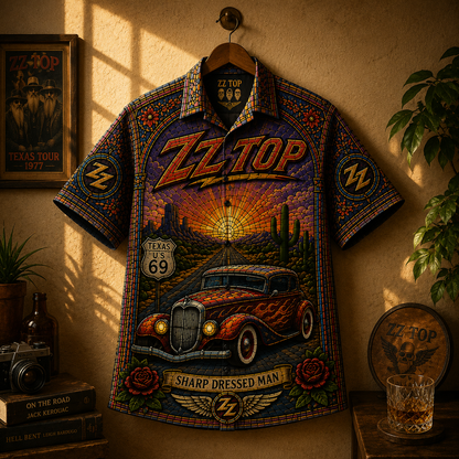 ZZ Top Stained Glass Hawaiian Shirt - Unisex Front Back Sharp Dressed Man Button Up